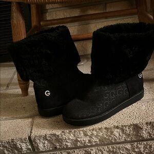 G by Guess Black Faux Fur Cuff Mid-Calf Winter Boots